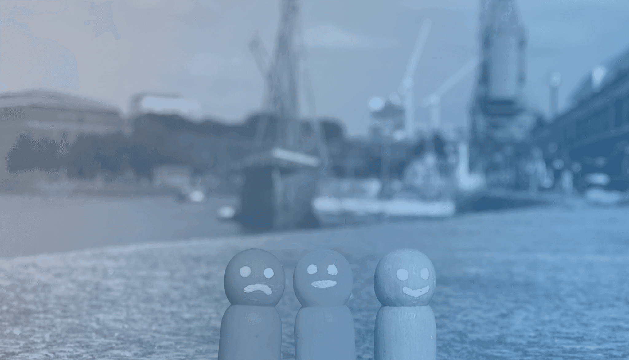 Smiley, Neutral and Happy Figures at a dock